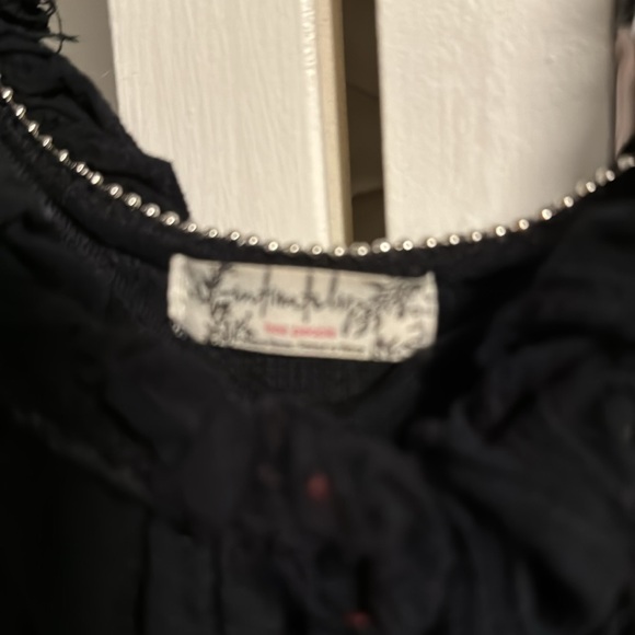 EUC free people black ruffles mini dress w/low back & gold beads around neckline - Picture 3 of 4